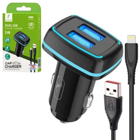 Автомобильное зарядное устройство SkyDolphin SZ18L, черное, с подсветкой, с кабелем Lightning для Apple, 15 Вт, 3,4 А, 2 порта