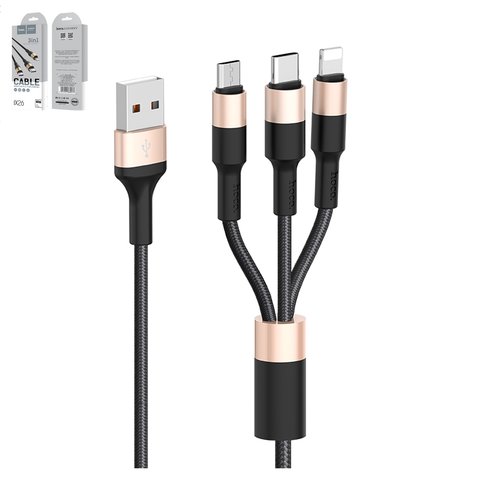 Cable USB Hoco X26, USB tipo A, USB tipo C, micro USB tipo B, Lightning, 100 cm, 2 A, negro, dorado, #6957531080275