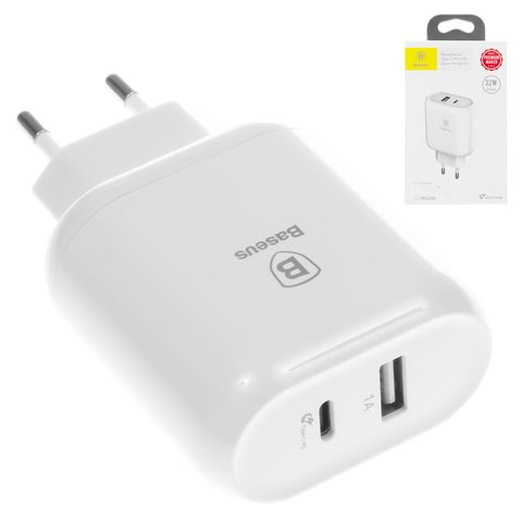 Mains Charger Baseus BS EUQC02, 32 W, Quick Charge, USB Type C input 5V 3A 9V 2.5A 12V 2A 15V 1.8A, 220 V, USB connector 5V 1A , white  #CCALL BG02